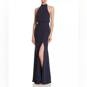 LIKELY Cameron Gown Navy Georgette Blouson Halter Maxi Dress